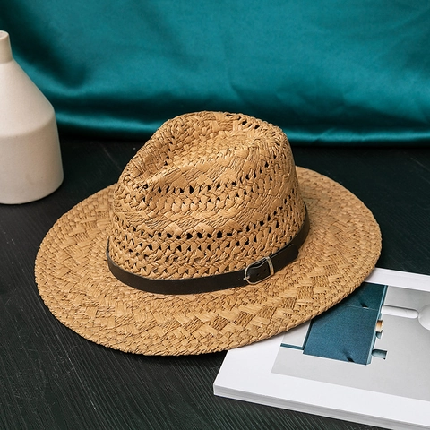 Men British Style Paper Straw Fedora Hat Summer Sun Protection Jazz Cap Breathable Vacation Travel Beach Straw Hat With Leather Band