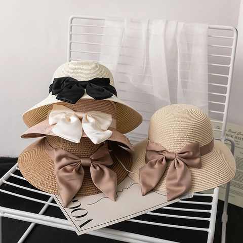 Dames Elegante Strohoed Met Grote Satijnen Strik Frans Vintage Zomer Strand Ademend Brede Rand Opvouwbare Zonnehoed