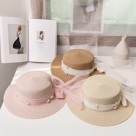 Vrouwen Elegante Platte Stro Hoed Boater Met Gaasstrik Kunstparel Decoratie Zomer Zonnescherm Strand Vakantie Zonnehoed