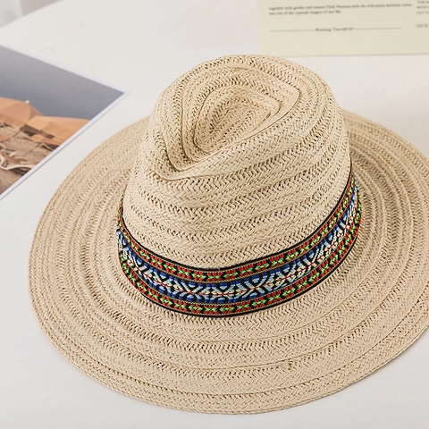 Bohemian Women's Paper Straw Fedora Hat Wide Brim Summer Sun Hat Ethnic Ribbon Trim Breathable Jazz Hat Beach Vacation Accessory