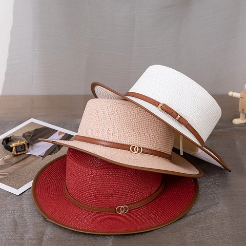 Women's Flat Top Paper Straw Boater Hat Elegant Summer Beach Sun Protection Hat With Leather Band Gold Buckle Vacation Cap