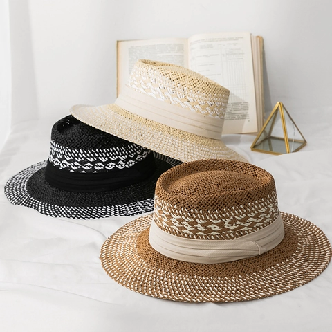 Britisches Retro Kontrastfarbe Konkav Papierstrohhut Damen Sommer Breite Krempe Sonnenschutz Strand Jazzhut Gewebte Reisekappe
