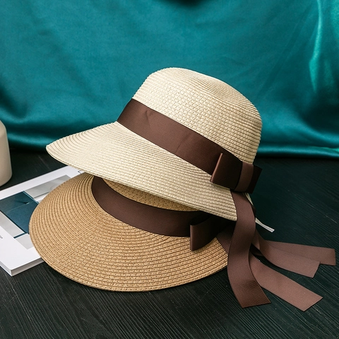 Cappello di Paglia a Tesa Larga Stile Hepburn per Donna Spiaggia Estiva Parasole Elegante Francese Retro Fiocco Cappello