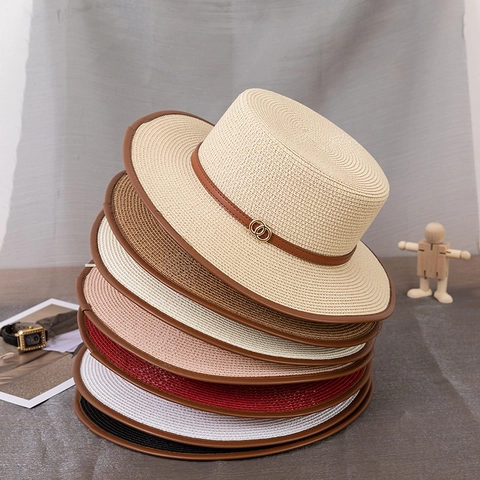 Women's Flat Top Paper Straw Boater Hat Elegant Summer Beach Sun Protection Hat With Leather Band Gold Buckle Vacation Cap