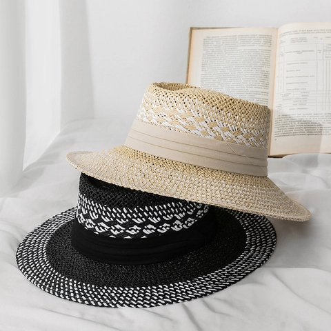 Britisches Retro Kontrastfarbe Konkav Papierstrohhut Damen Sommer Breite Krempe Sonnenschutz Strand Jazzhut Gewebte Reisekappe