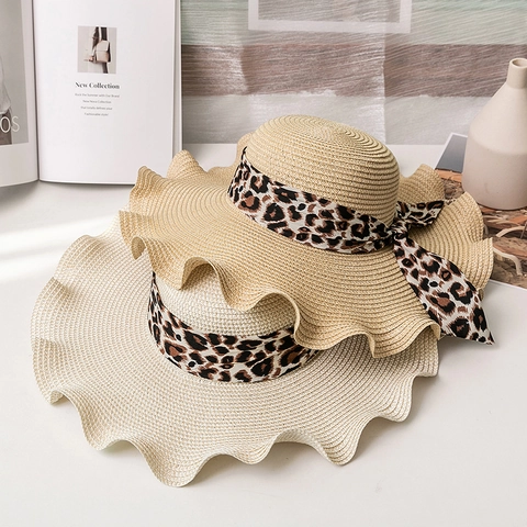 Women Summer Straw Hat With Leopard Ribbon Wavy Wide Brim Sun Hat Foldable Beach Vacation Straw Weaving Paper Hat For Ladies