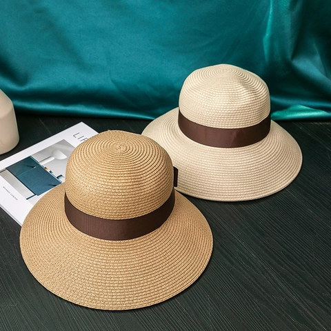 Cappello di Paglia a Tesa Larga Stile Hepburn per Donna Spiaggia Estiva Parasole Elegante Francese Retro Fiocco Cappello