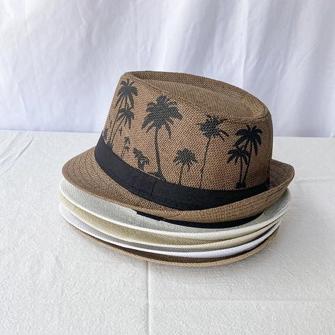 Chapeau Fedora en Paille à Imprimé Palmiers Tropicaux Respirant Chapeau de Soleil d'Été pour Homme Femme Vacances à la Plage