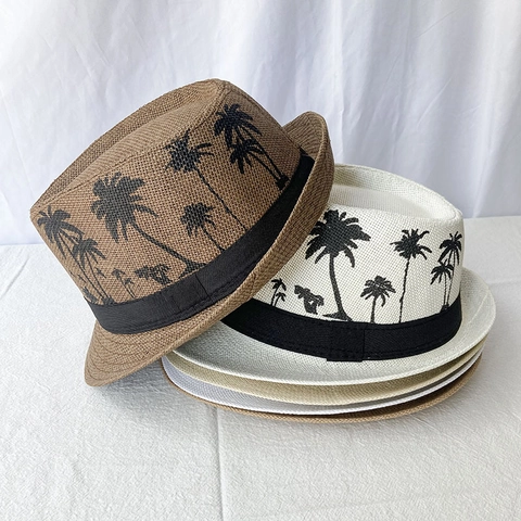 Chapeau Fedora en Paille à Imprimé Palmiers Tropicaux Respirant Chapeau de Soleil d'Été pour Homme Femme Vacances à la Plage