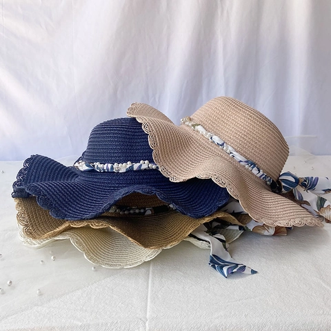 Sombrero de Paja de Papel con Borde Ondulado Verano Mujer Perla Artificial Lazo de Cinta Floral Protección Solar Playa Vacaciones