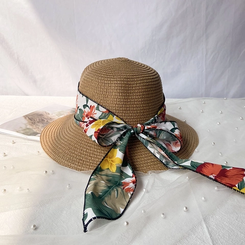 Women Summer Straw Sun Hat Wide Brim Beach Hat With Floral Ribbon Bow Foldable Breathable Shading Vacation Hat For Ladies