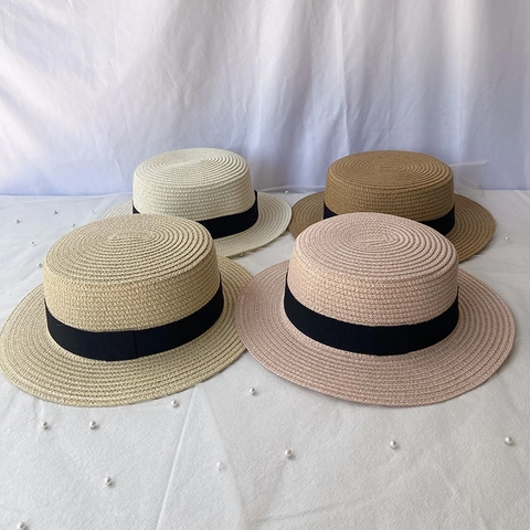Boater Straw Hat Summer Flat Top Sun Protection Beach Hat Ribbon Bow Decor Vacation Paper Woven Fedora Hat For Women Unisex
