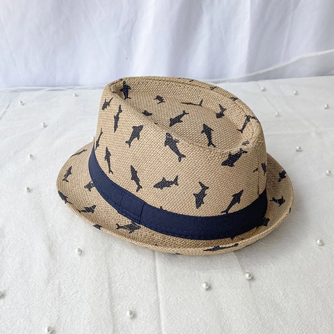 Summer Kids Paper Straw Fedora Hat Breathable Sun Protection Jazz Hat With Shark Print For Boys Girls Vacation