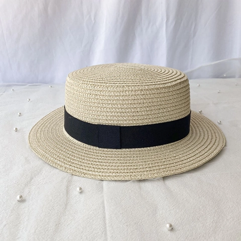 Boater Straw Hat Summer Flat Top Sun Protection Beach Hat Ribbon Bow Decor Vacation Paper Woven Fedora Hat For Women Unisex