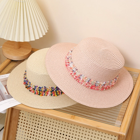 Women's Bohemian Flat Top Straw Hat With Colorful Patchwork Ribbon Breathable Summer Beach Sun Hat Short Brim Boater Hat