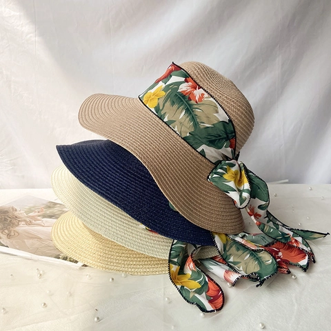 Women Summer Straw Sun Hat Wide Brim Beach Hat With Floral Ribbon Bow Foldable Breathable Shading Vacation Hat For Ladies