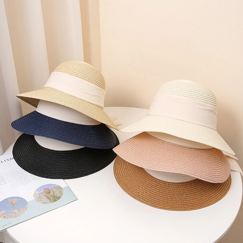 Women Wide Brim Sun Straw Hat Elegant Bow Ribbon Rhinestone Summer Beach Vacation Breathable Paper Straw Fashion Hat For Lady