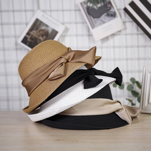 Sombrero de Pescador de Paja de Papel Elegante para Mujer Con Lazo de Satén Protección Solar Sombrero de Playa Plegable