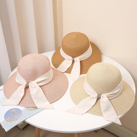 Women Wide Brim Sun Straw Hat Elegant Bow Ribbon Rhinestone Summer Beach Vacation Breathable Paper Straw Fashion Hat For Lady