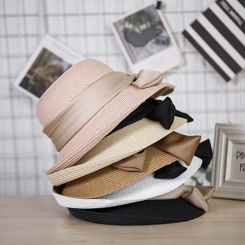Sombrero de Pescador de Paja de Papel Elegante para Mujer Con Lazo de Satén Protección Solar Sombrero de Playa Plegable