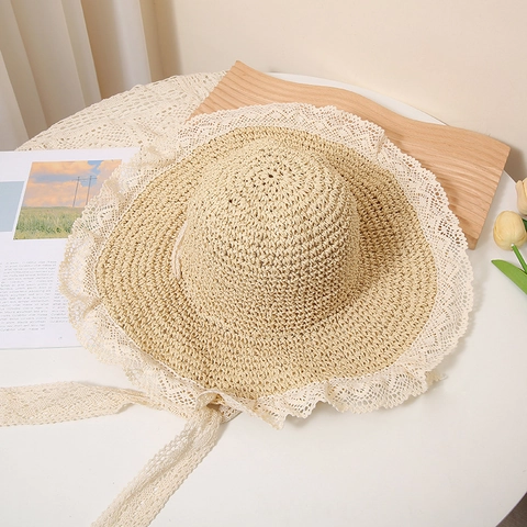 Women Summer Paper Straw Hat With White Lace Trim Breathable Wide Brim Sun Protection Beach Vacation Hat For Ladies Beach Sunhat