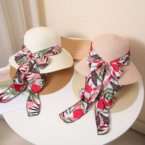 Dames Strohoed Geweven Papier Brede Rand Zonbescherming Strandhoed Met Bloemen Strik Lint Zomer Vakantie Zonnehoed