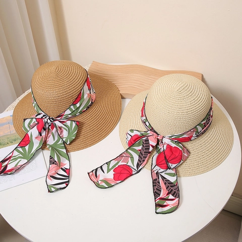 Dames Strohoed Geweven Papier Brede Rand Zonbescherming Strandhoed Met Bloemen Strik Lint Zomer Vakantie Zonnehoed