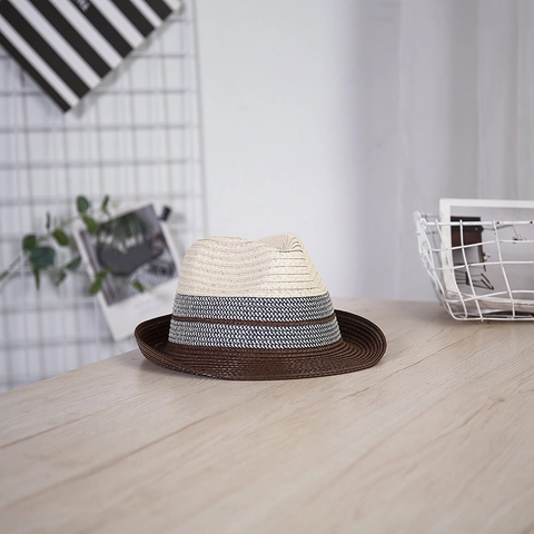 Herren Papiastroh Fedora Hut Farbblock Sommer Strand Sonnenhut Atmungsaktiv Jazz Kappe Mit Gekräuselter Krempe Casual Urlaub Stil