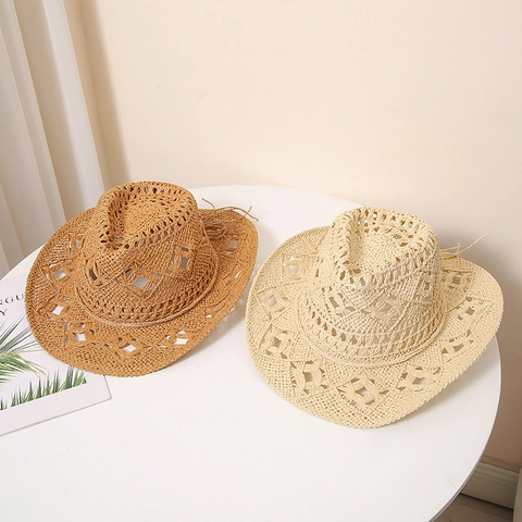 Cappello da Sole in Paglia di Carta Estivo da Donna Intagliato Traspirante Cappello Fedora da Spiaggia a Tesa Larga Panama per Vacanza