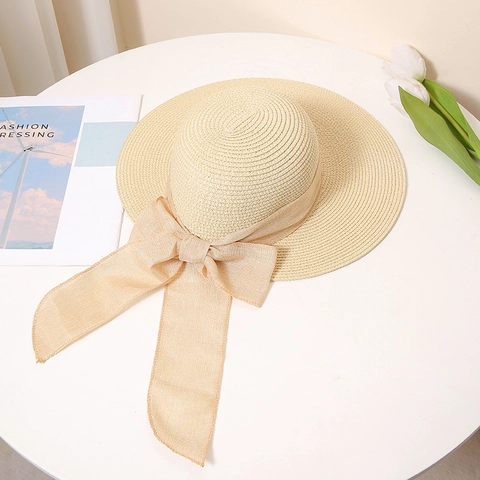 Elegant French Style Women Wide Brim Straw Hat Sun Protection Beach Hat With Large Ribbon Bow Paper Straw Summer Travel Hat