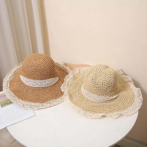 Women Summer Paper Straw Hat With White Lace Trim Breathable Wide Brim Sun Protection Beach Vacation Hat For Ladies Beach Sunhat