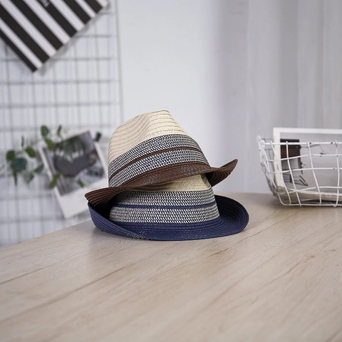 Herren Papiastroh Fedora Hut Farbblock Sommer Strand Sonnenhut Atmungsaktiv Jazz Kappe Mit Gekräuselter Krempe Casual Urlaub Stil