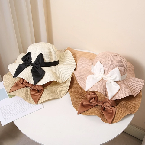 Women's Summer Paper Straw Hat With Large Satin Bow Wavy Wide Brim Sunshade Sun Protection Foldable Beach Vacation Hat