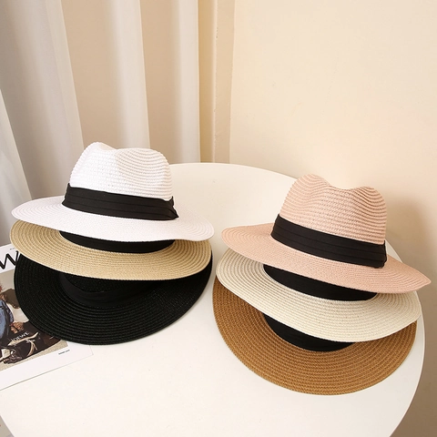 Classico Cappello Fedora in Paglia di Carta Per Uomo Donna Falda Larga Protezione Solare Estiva Cappello Panama Jazz Con Decorazione a Nastro