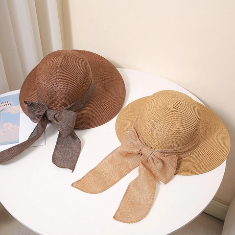 Elegant French Style Women Wide Brim Straw Hat Sun Protection Beach Hat With Large Ribbon Bow Paper Straw Summer Travel Hat