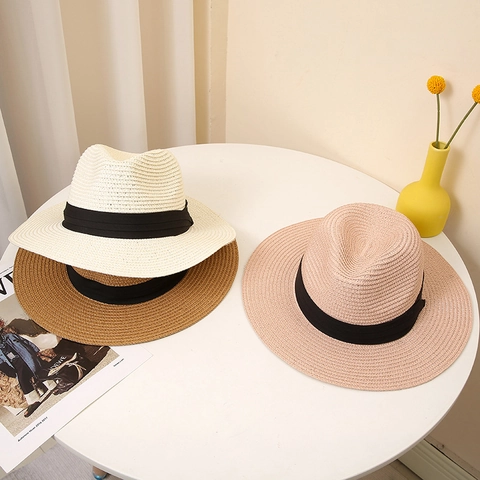 Classico Cappello Fedora in Paglia di Carta Per Uomo Donna Falda Larga Protezione Solare Estiva Cappello Panama Jazz Con Decorazione a Nastro