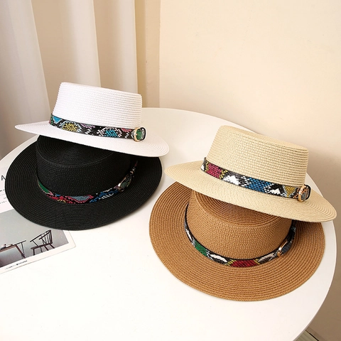 Boater Hat Paper Straw Flat Top Wide Brim Snake Pattern Band Breathable Sunshade Summer Beach Outdoor Travel Retro Elegant