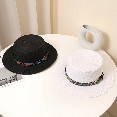 Boater Hat Paper Straw Flat Top Wide Brim Snake Pattern Band Breathable Sunshade Summer Beach Outdoor Travel Retro Elegant