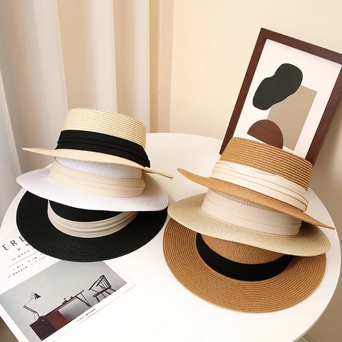 Cappello Paglia di Carta Boater Uomo Donna Parte Superiore Piatta Tesa Larga Protezione Solare Estate Spiaggia con Nastro