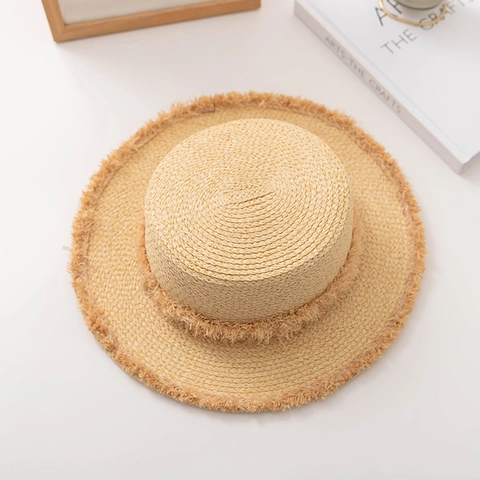 French Style Vintage Boater Straw Hat For Women Wide Brim Fringed Edge Sun Protection Summer Beach Vacation Straw Hat