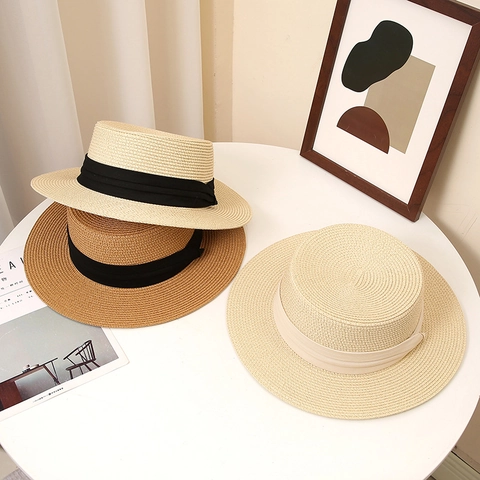 Cappello Paglia di Carta Boater Uomo Donna Parte Superiore Piatta Tesa Larga Protezione Solare Estate Spiaggia con Nastro