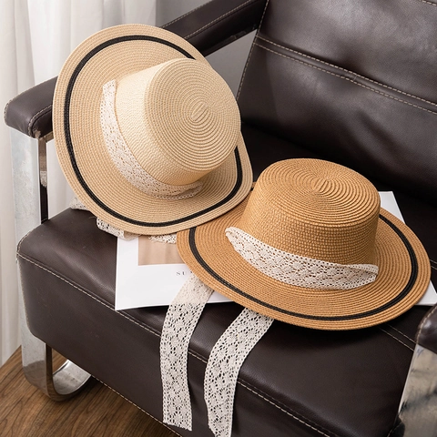Cappello a Paglia da Donna Vintage Corona Piatta con Laccio in Pizzo Bianco Tesa Larga Protezione Solare Cappello da Spiaggia Estivo