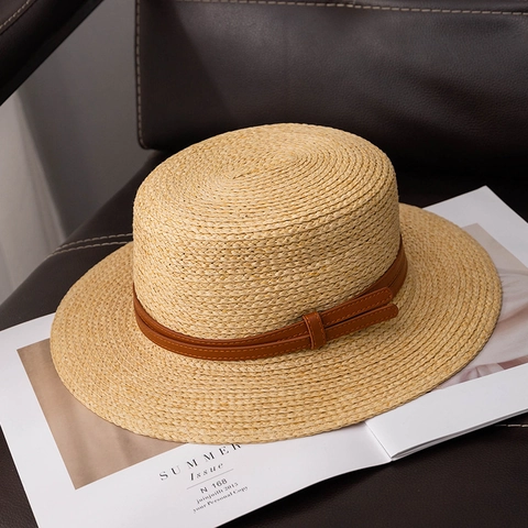 Cappello Boater da Donna in Paglia di Carta Estiva Cima Piatta Tesa Larga Cappello da Sole per Vacanza al Mare con Fascia in Pelle