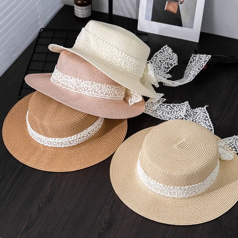 Sombrero de Paja de Verano Para Mujer De Paja De Papel Con Lazo De Cinta De Encaje Blanco Ala Ancha Protección Solar Playa