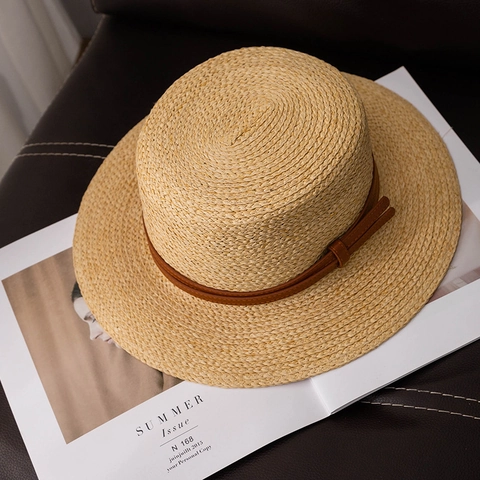 Cappello Boater da Donna in Paglia di Carta Estiva Cima Piatta Tesa Larga Cappello da Sole per Vacanza al Mare con Fascia in Pelle