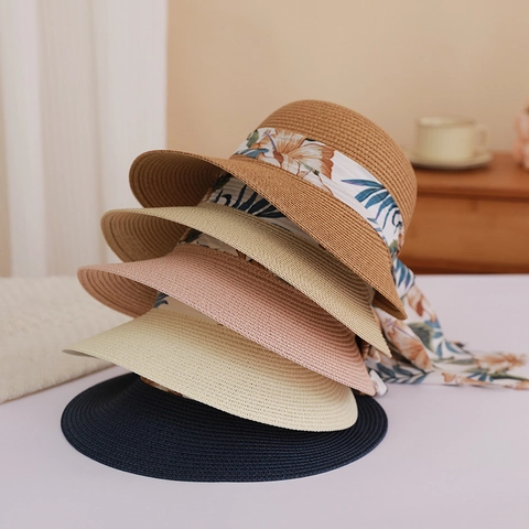Cappello di Paglia da Donna a Falda Larga Cappello da Sole Pieghevole in Carta Intrecciata Con Fiocco in Raso Floreale
