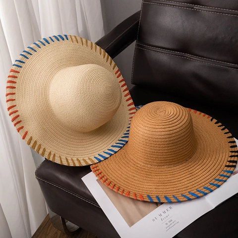 Women Wide Brim Paper Straw Hat Rainbow Edge Sun Protection Breathable Beach Hat Summer Vacation Fashion Straw Sun Cap