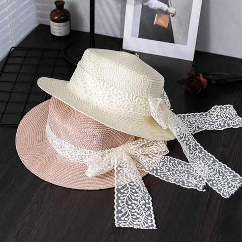 Sombrero de Paja de Verano Para Mujer De Paja De Papel Con Lazo De Cinta De Encaje Blanco Ala Ancha Protección Solar Playa