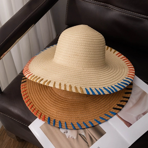 Women Wide Brim Paper Straw Hat Rainbow Edge Sun Protection Breathable Beach Hat Summer Vacation Fashion Straw Sun Cap
