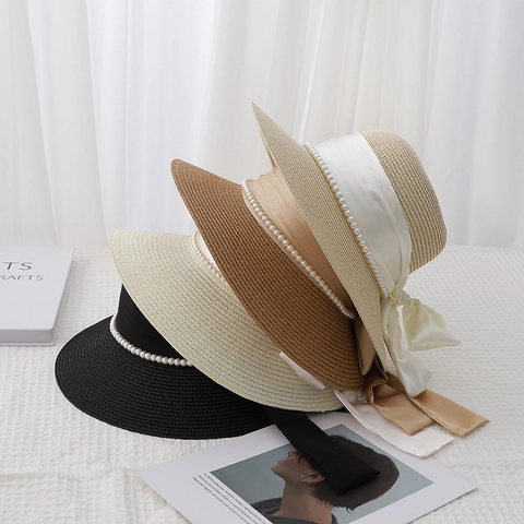 Sombrero de Paja para Mujer de Estilo Francés Elegante Protección Solar de Verano con Lazo de Satén y Perlas Artificiales